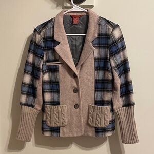 Sundance Wool Blend Plaid Knit Blazer Cardigan Jacket Beige Blue Petite 6 P6